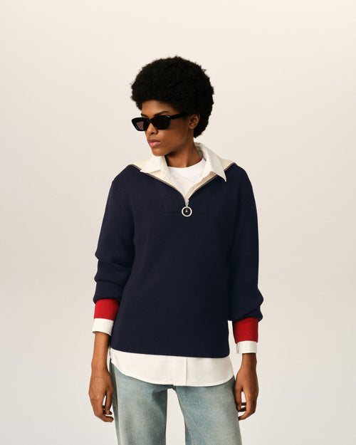 Pullover aus blauer Wolle mit Reißverschlusskragen - Damen - 8 - AMI Paris - Ami Paris