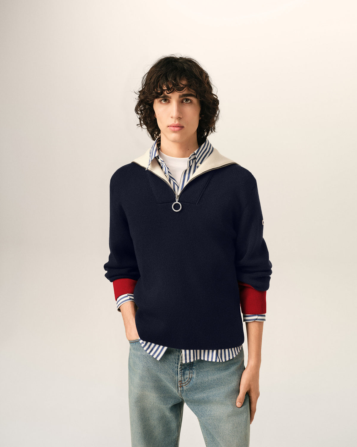 Pullover aus blauer Wolle mit Reißverschlusskragen - 2