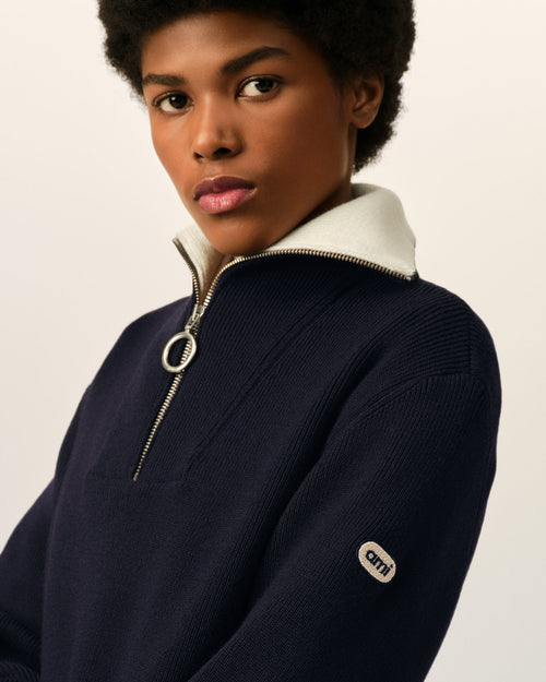 Pullover aus blauer Wolle mit Reißverschlusskragen - Damen - 10 - AMI Paris - Ami Paris