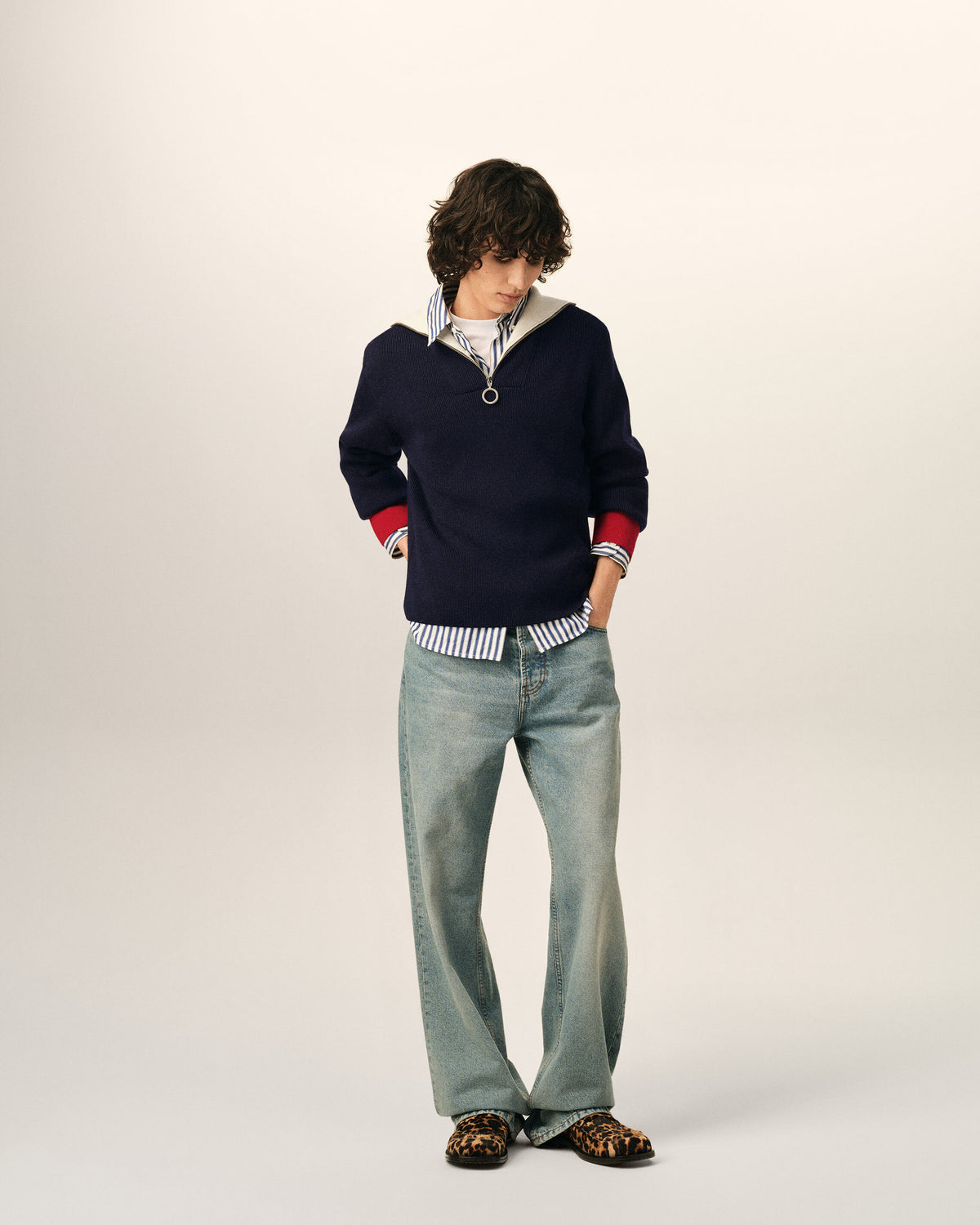 Pullover aus blauer Wolle mit Reißverschlusskragen - 3
