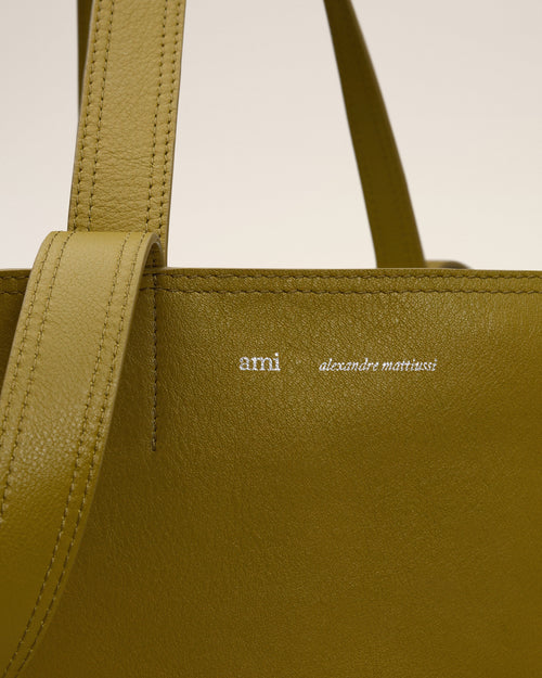 Khaki Leather Midi Tote Bag - 5 - Ami Paris