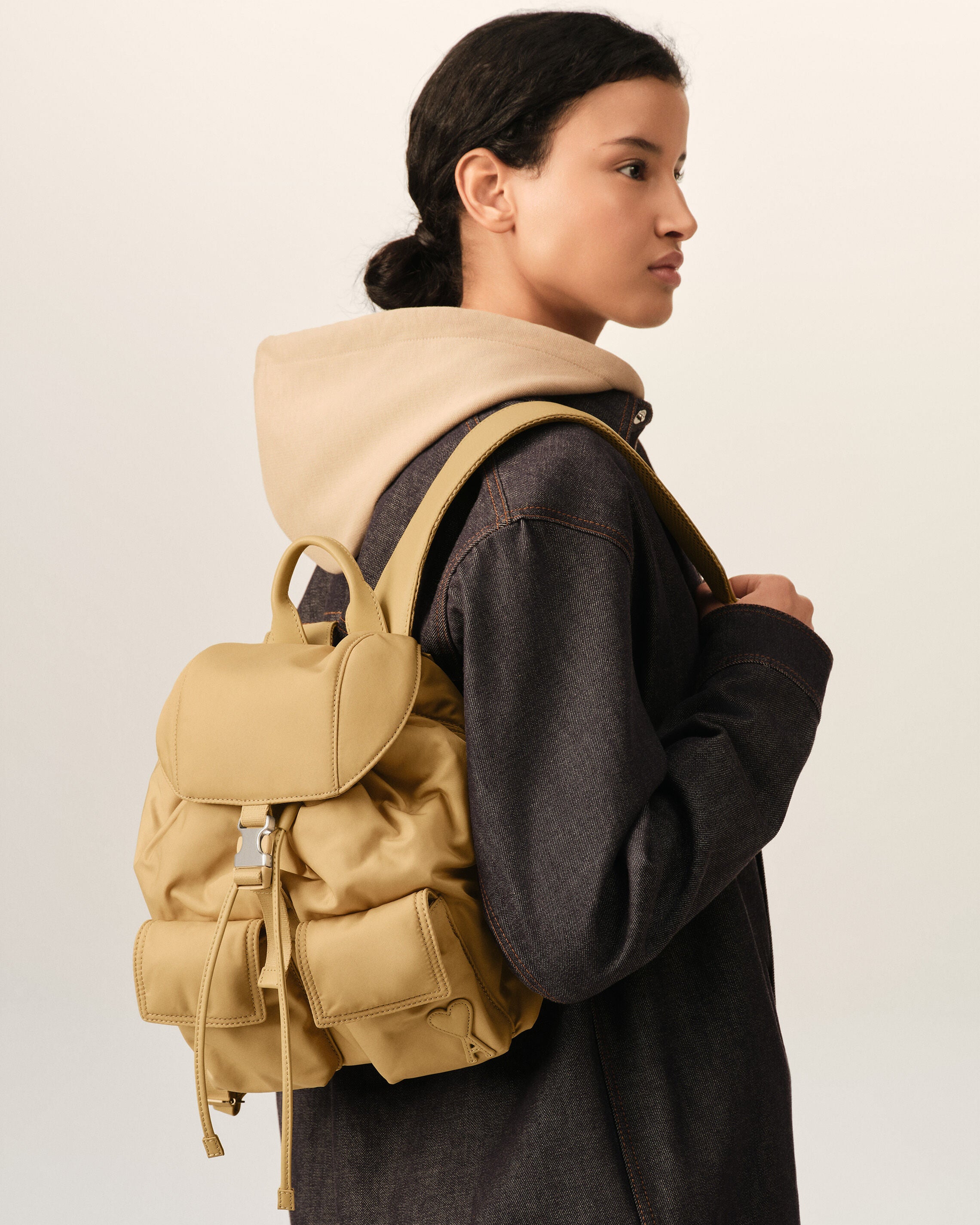 Small beige nylon Marcel flap backpack - 8