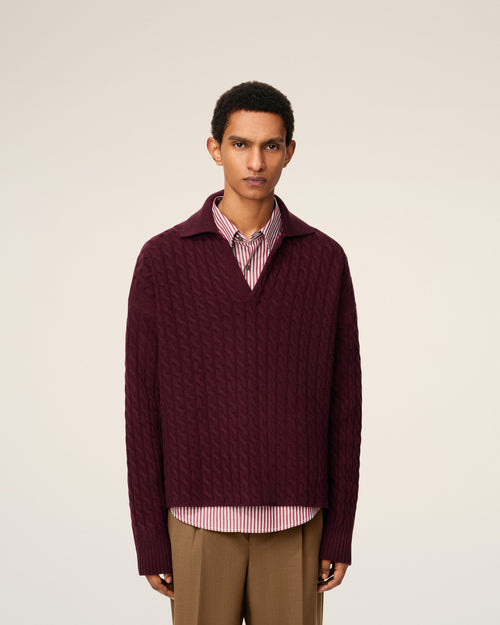 Burgundy Wool Cables Knit Polo - 3 - Ami Paris