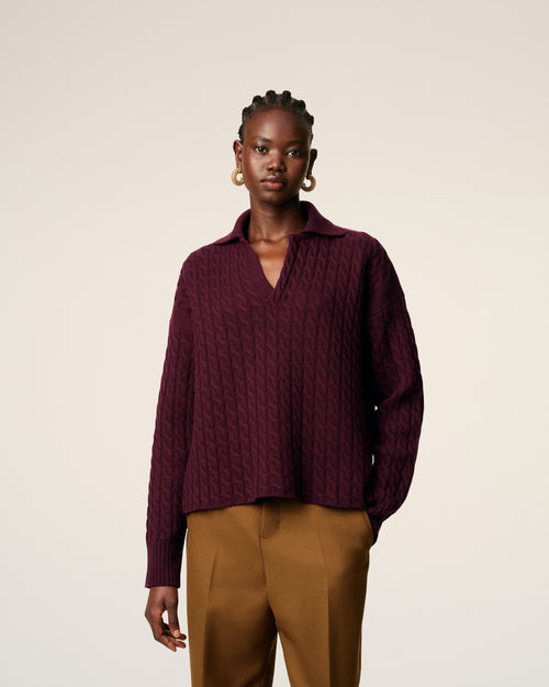 Burgundy Wool Cables Knit Polo - 9 - Ami Paris
