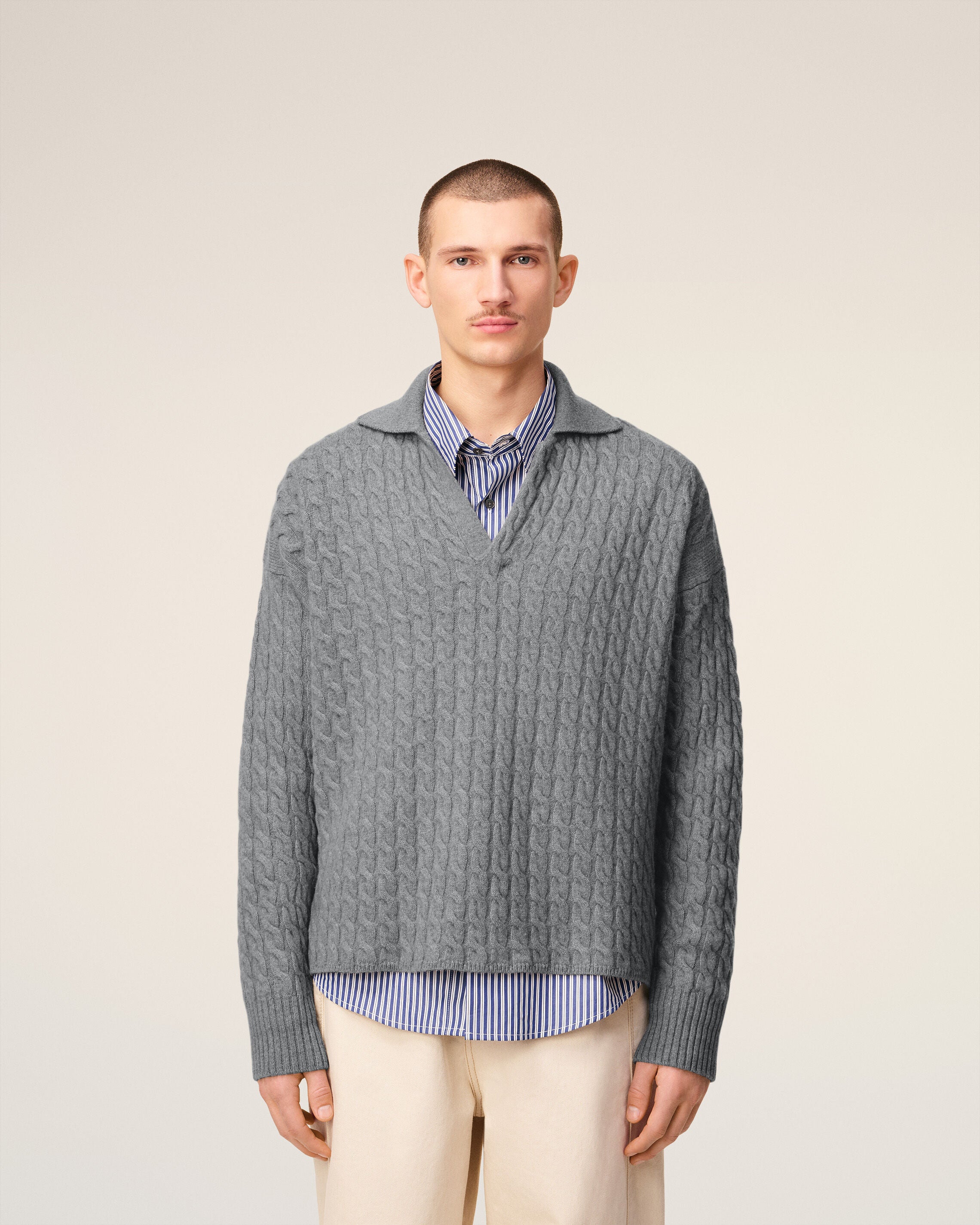 グレー ウール ケーブルニット ポロ グレー | AMI PARIS