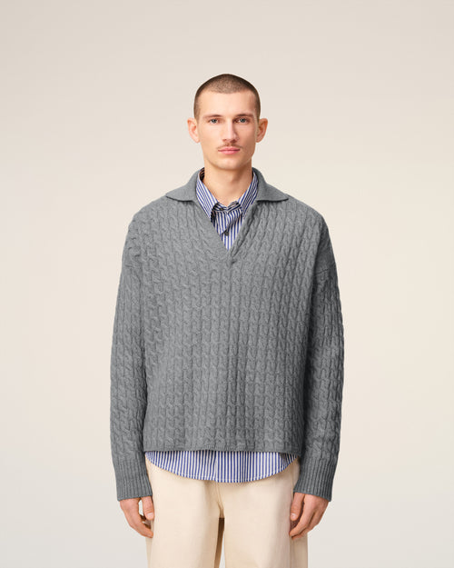 Grey Wool Cables Knit Polo - 3 - Ami Paris