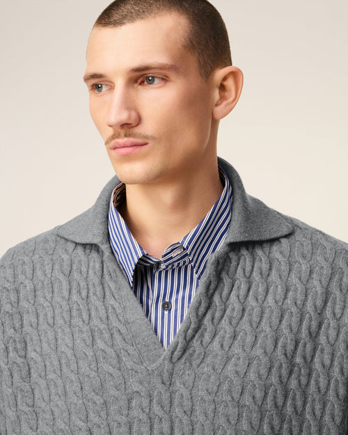 Grey Wool Cables Knit Polo - 4 - Ami Paris