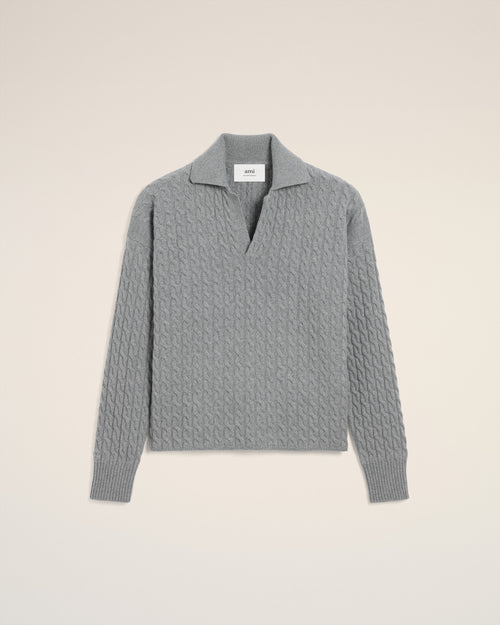 Grey Wool Cables Knit Polo - 2 - Ami Paris