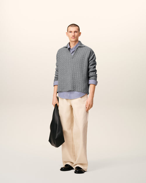 Grey Wool Cables Knit Polo - 1 - Ami Paris