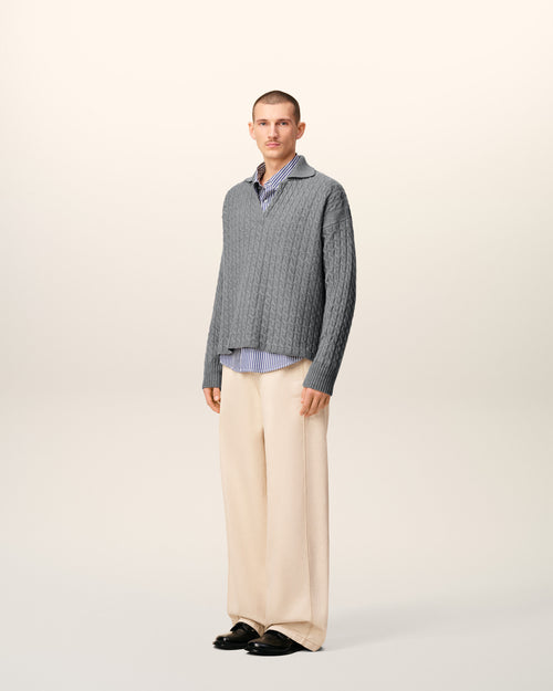 Grey Wool Cables Knit Polo - 6 - Ami Paris