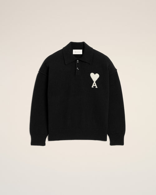 Black wool polo with Ami de Coeur - Man - 1 - AMI Paris - Ami Paris