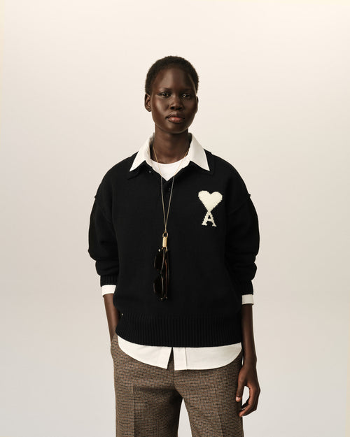 Black wool polo with Ami de Coeur - Woman - 8 - AMI Paris - Ami Paris