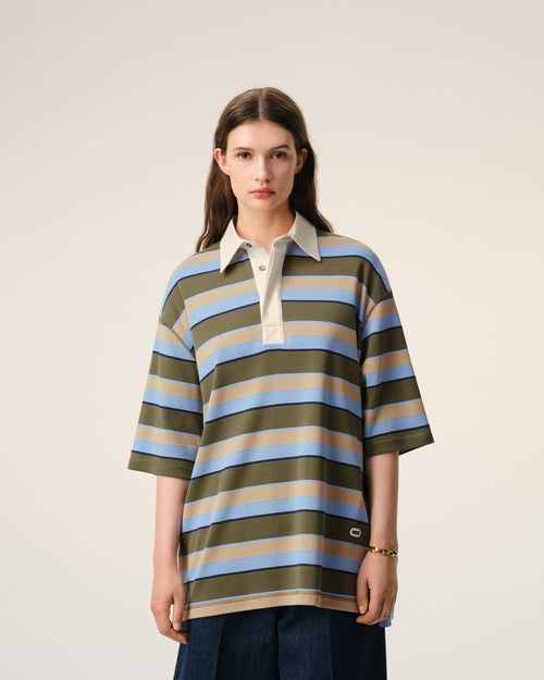 Polo Rayé Bleu Empiècement Ami en Coton - 9 - Ami Paris