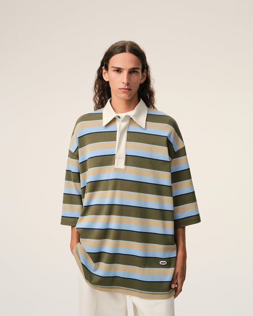 Blue Striped Cotton Ami Patch Polo - Man - 3 - AMI Paris - Ami Paris