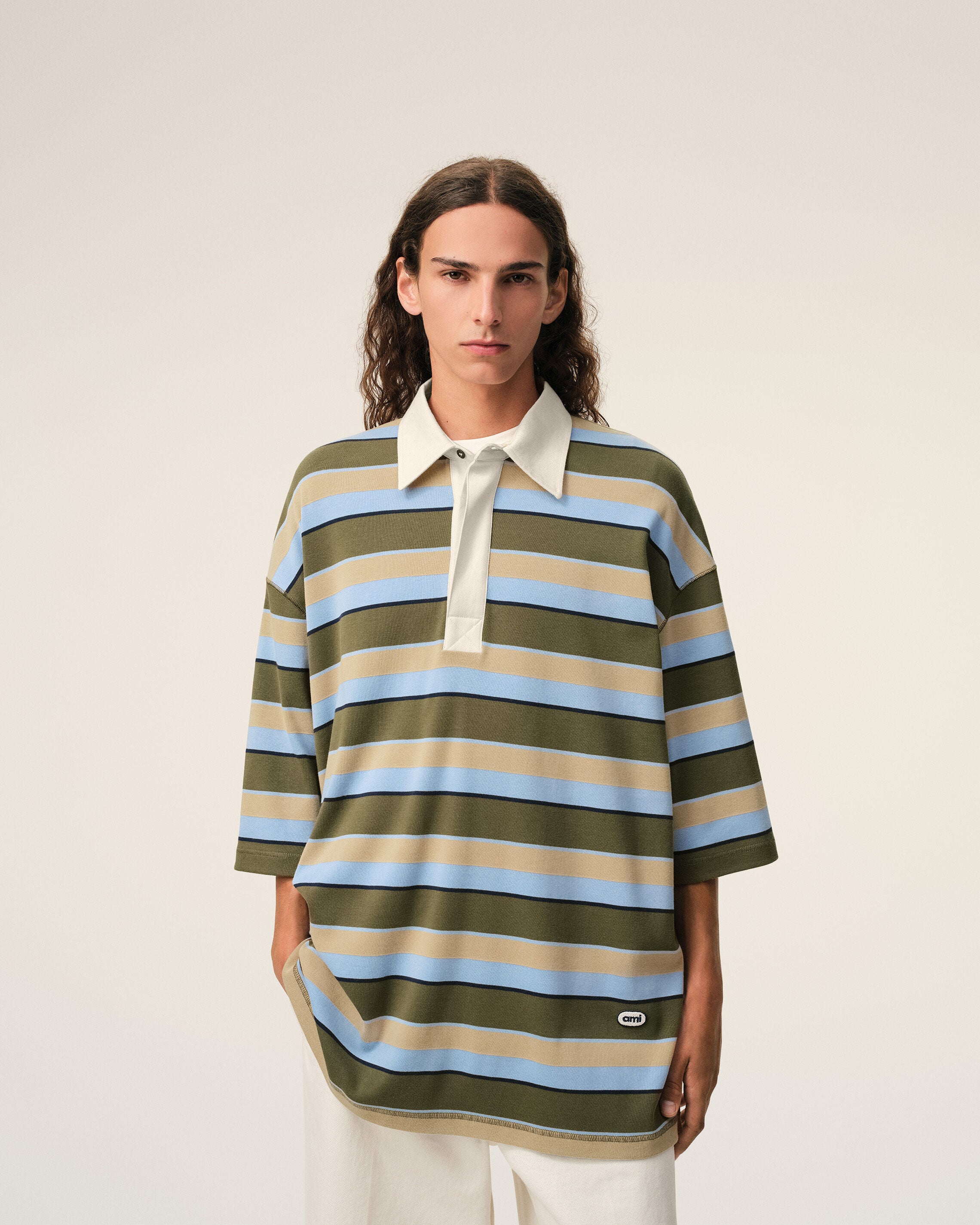 CASHMERE BLUE/DARK KHAKI/ TAUPE BEIGE/INK Blue Striped Cotton Ami