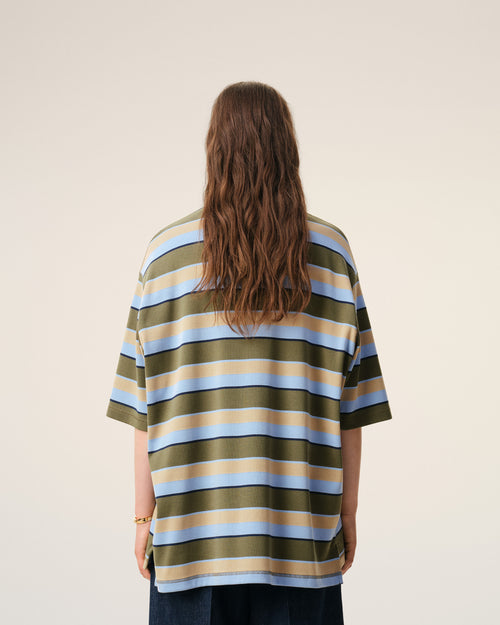 Polo Rayé Bleu Empiècement Ami en Coton - 10 - Ami Paris