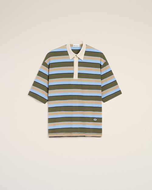                                     Blue Striped Cotton Ami Patch Polo - 3                                 - Ami Paris