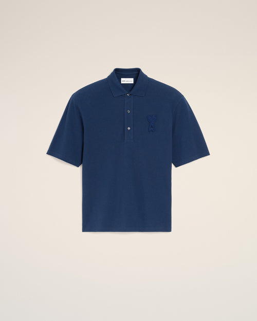                                     Blue Cotton Ami De Coeur Knitted Patch Polo - 3                                 - Ami Paris