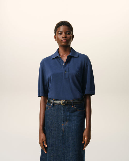                                 Blue Cotton Ami De Coeur Knitted Patch Polo - 3                             - Ami Paris