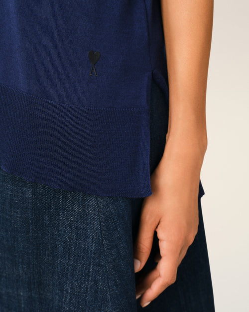 Blue Thin Wool Short Sleeves Ami De Coeur Polo - Woman - 11 - AMI Paris - Ami Paris