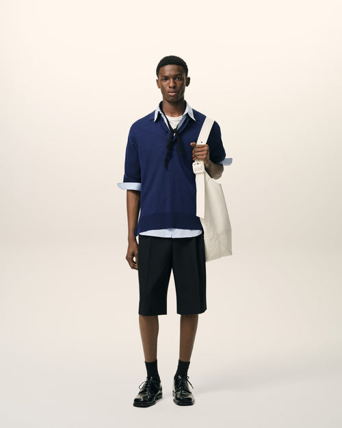 Blue Thin Wool Short Sleeves Ami De Coeur Polo - 1 - Ami Paris