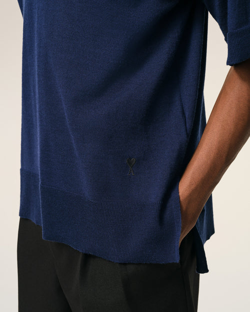 Blue Thin Wool Short Sleeves Ami De Coeur Polo - Man - 4 - AMI Paris - Ami Paris