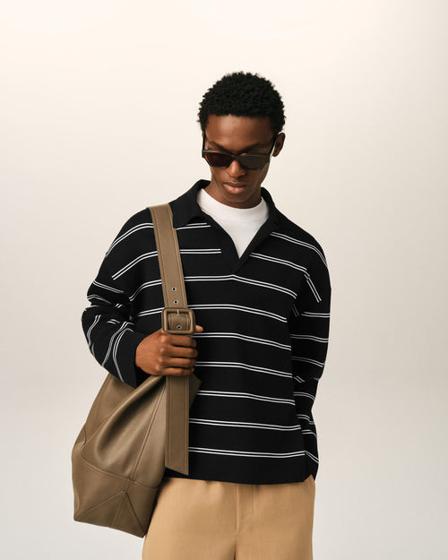 Black striped cotton polo with Ami patch - Man - 2 - AMI Paris - Ami Paris
