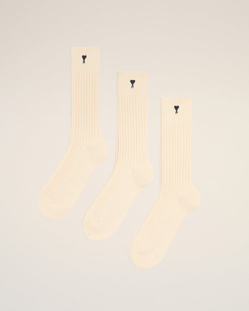 Natural Cotton Three Pack Black Ami De Coeur Socks - OFF WHITE - Ami Paris