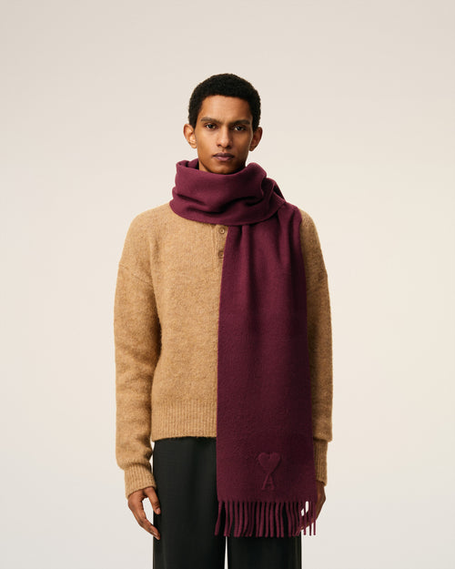 Burgundy  Wool Embossed Ami De Coeur Scarf - 2 - Ami Paris