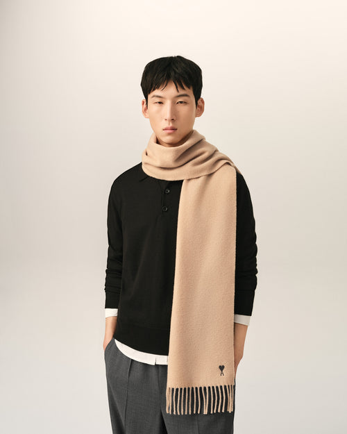 Beige wool scarf with Ami de Coeur - Man - 2 - AMI Paris - Ami Paris