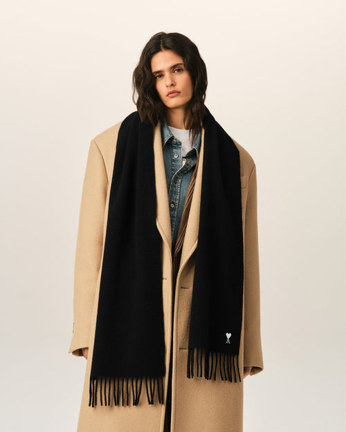 Black wool scarf with Ami de Coeur - Woman - 5 - AMI Paris - Ami Paris