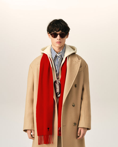 Red wool scarf with Ami de Coeur - Man - 2 - AMI Paris - Ami Paris