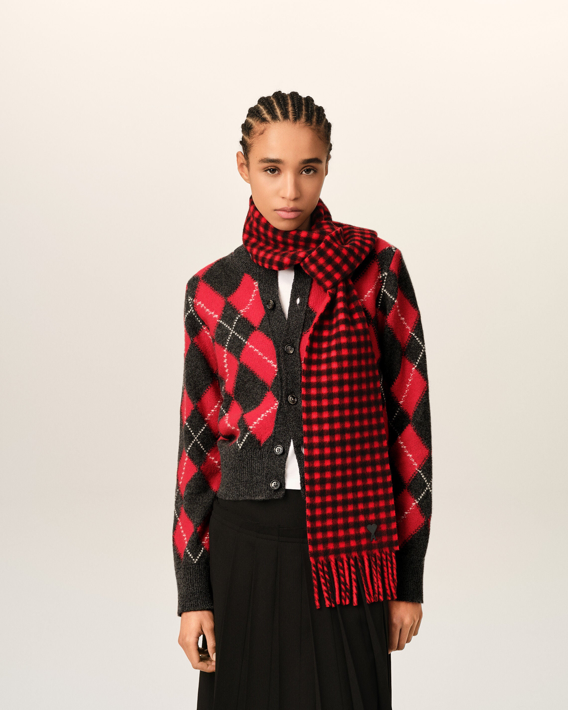 Red checkered wool scarf with Ami de Coeur - 6