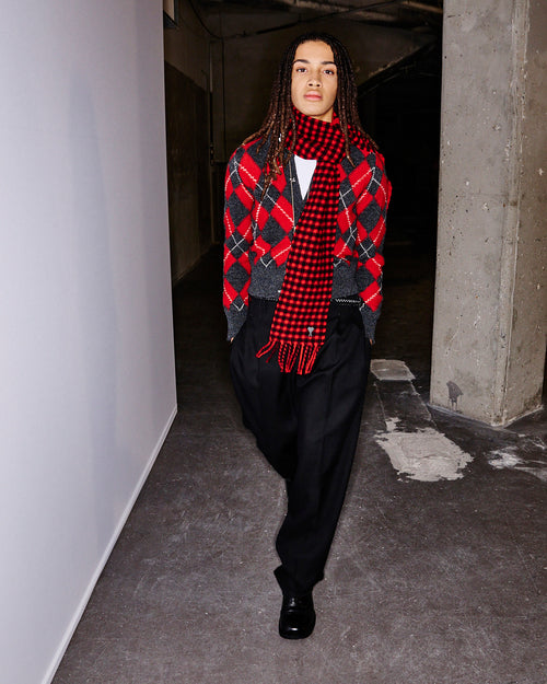 Red checkered wool scarf with Ami de Coeur - Man - 4 - AMI Paris - Ami Paris