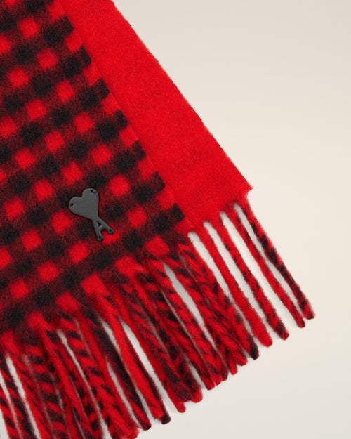 Red checkered wool scarf with Ami de Coeur - Woman - 7 - AMI Paris - Ami Paris