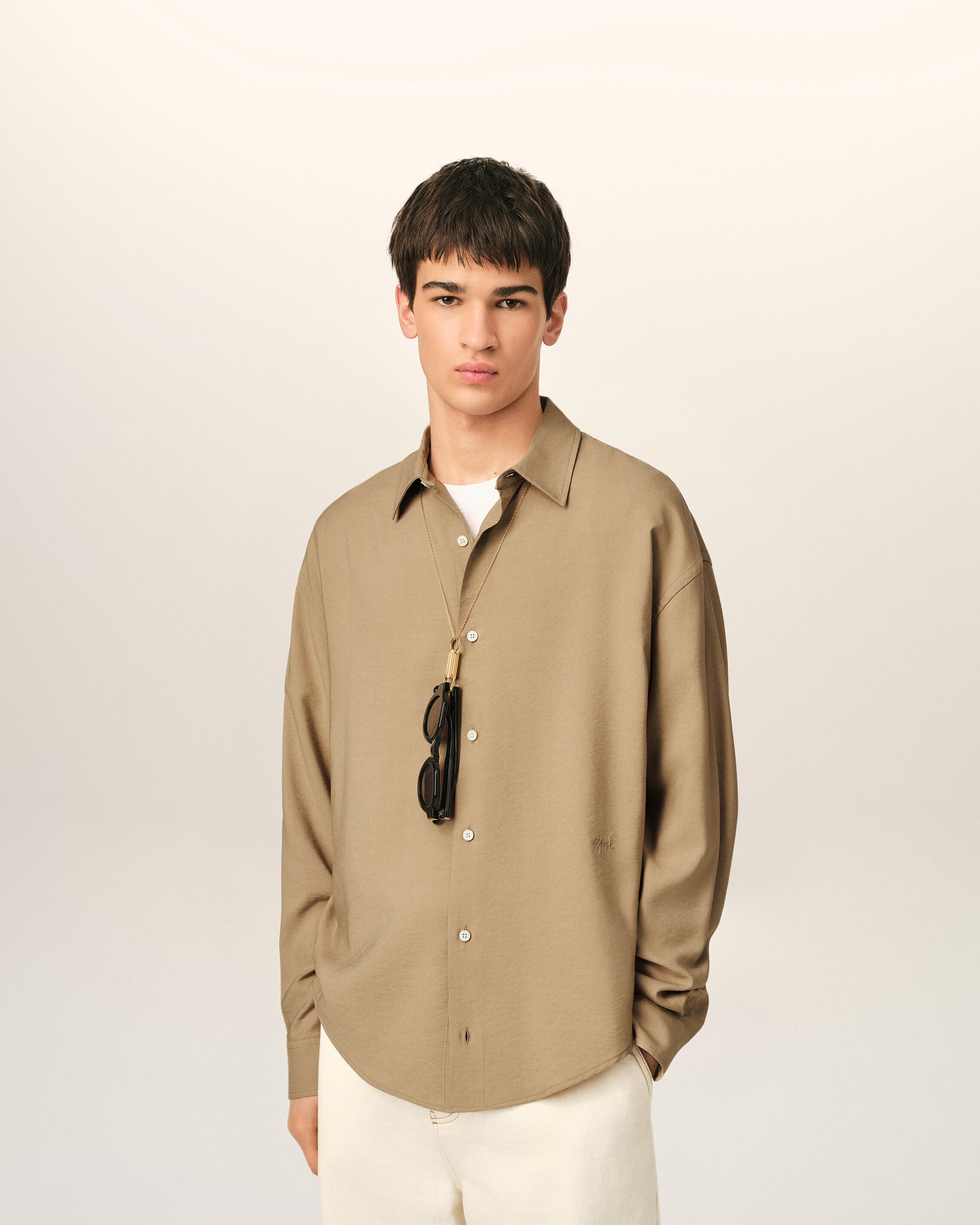 Beige boxy viscose twill shirt - 2
