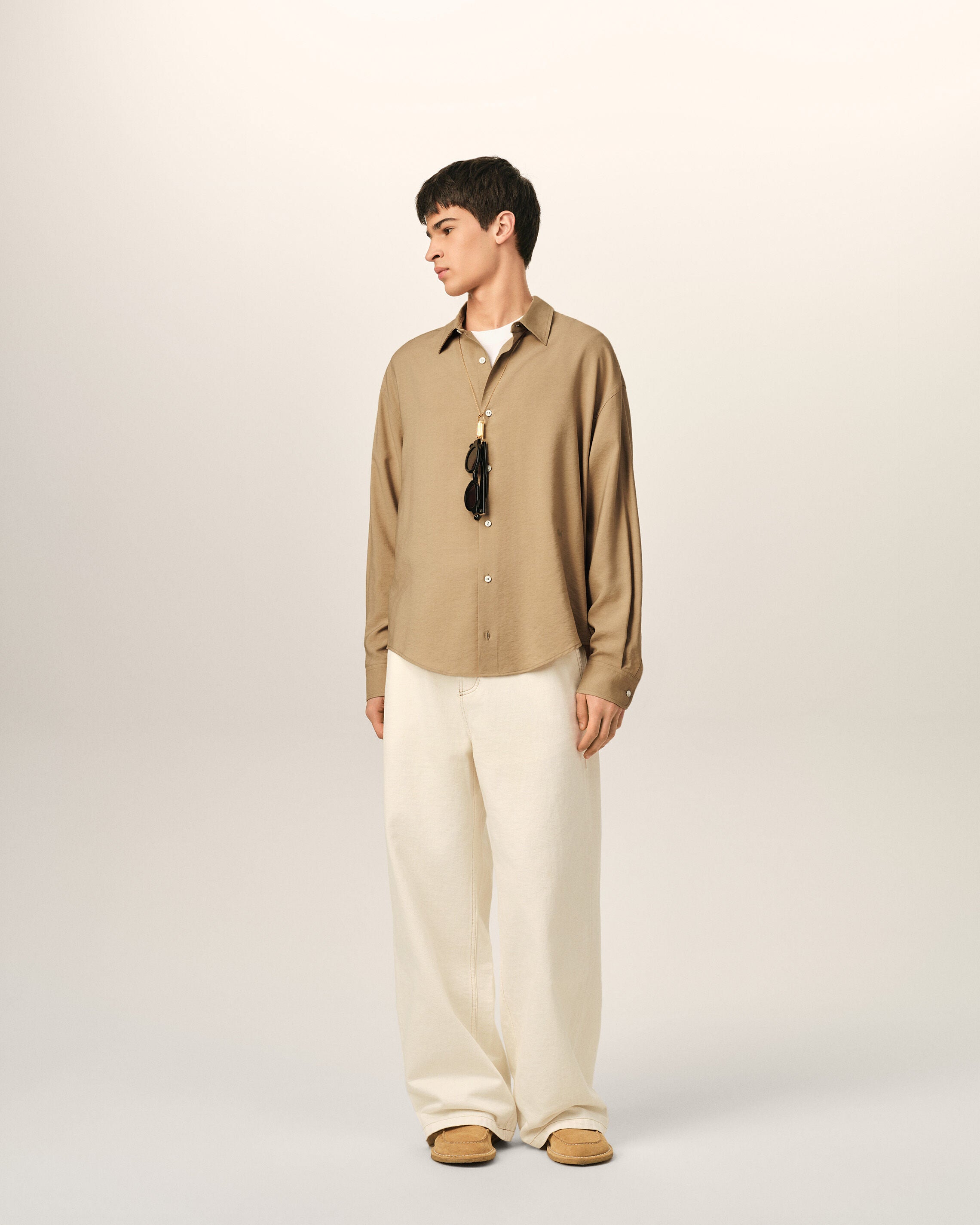 Beige boxy viscose twill shirt - 3