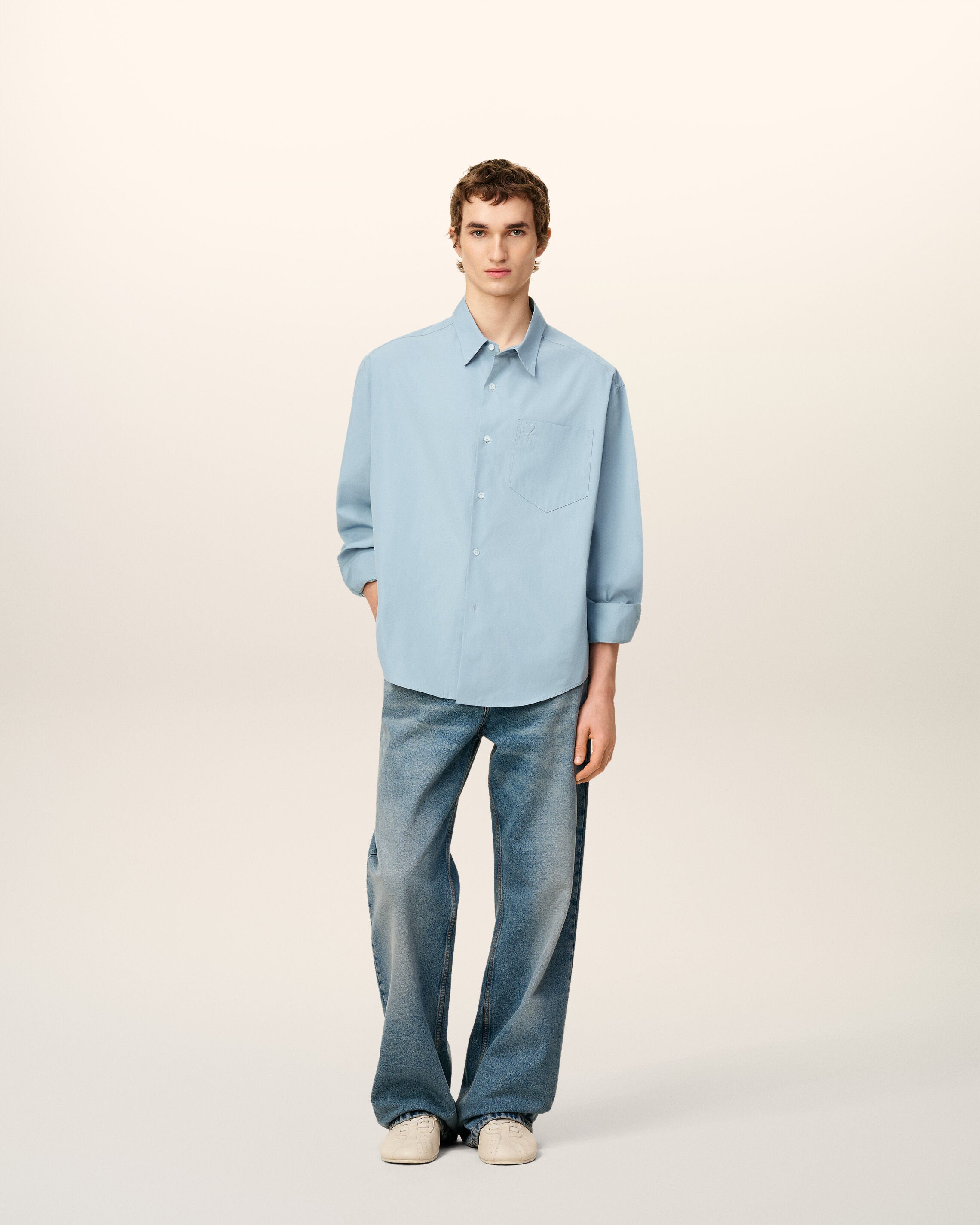 4506-SKY Blue Cotton Embossed Ami De Coeur Boxy Shirt | AMI PARIS