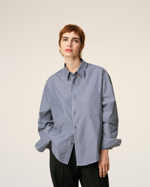 Blue Cotton Embossed Striped Ami De Coeur Boxy Shirt - 10 - Ami Paris