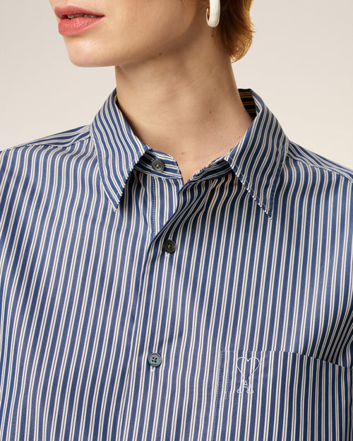 Blue Cotton Embossed Striped Ami De Coeur Boxy Shirt - 11 - Ami Paris