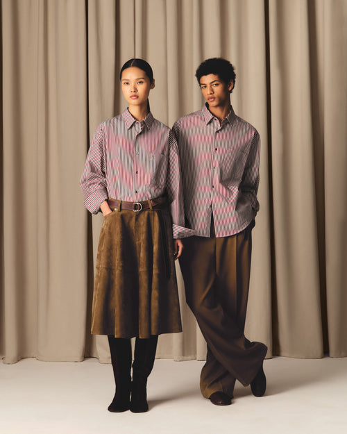 Burgundy Cotton Embossed Ami De Coeur Striped Boxy Shirt - 12 - Ami Paris