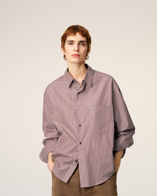 Burgundy Cotton Embossed Ami De Coeur Striped Boxy Shirt - 8 - Ami Paris