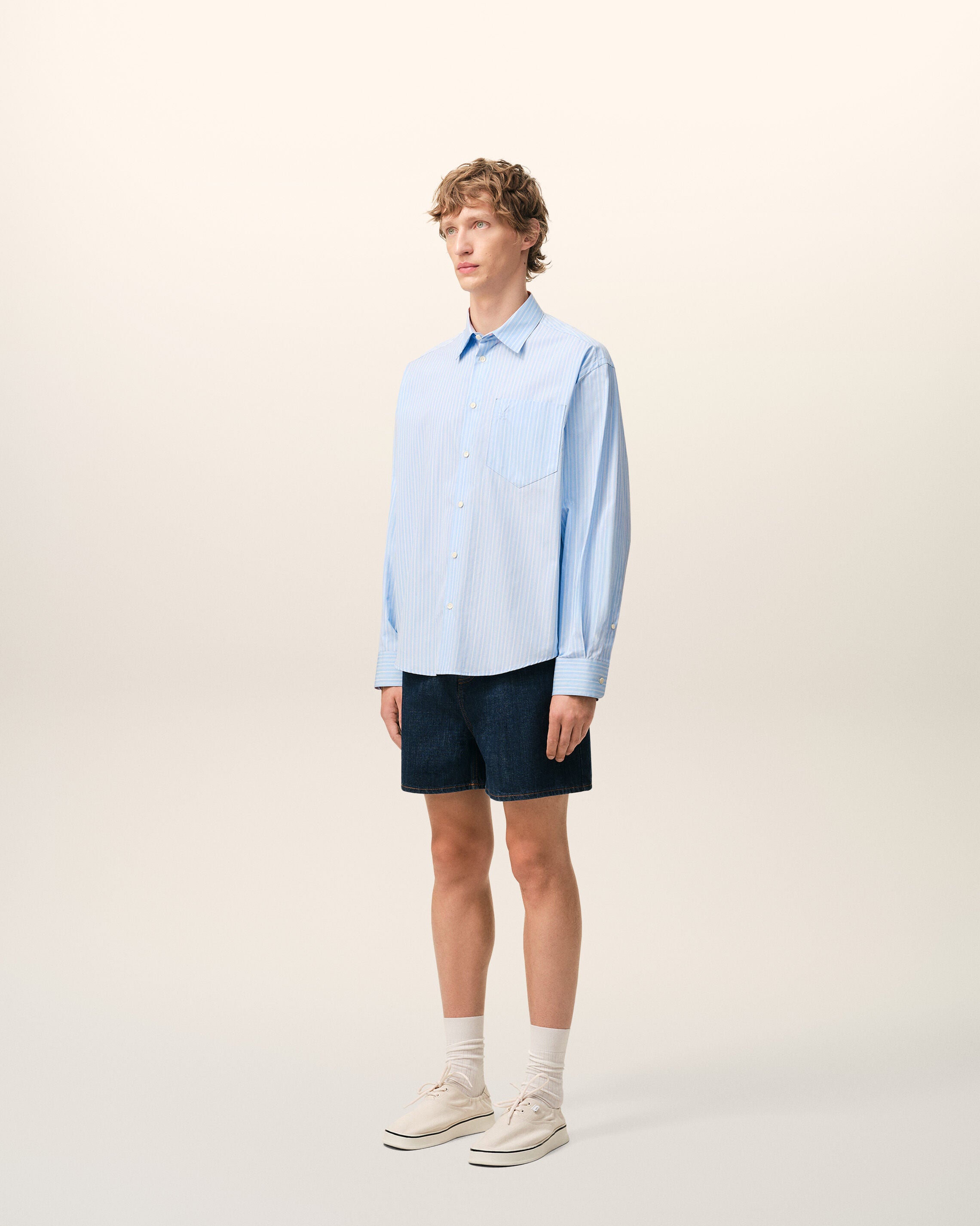ブルー コットン ボクシー シャツ 長袖 Ami de Coeur カシミアブルー