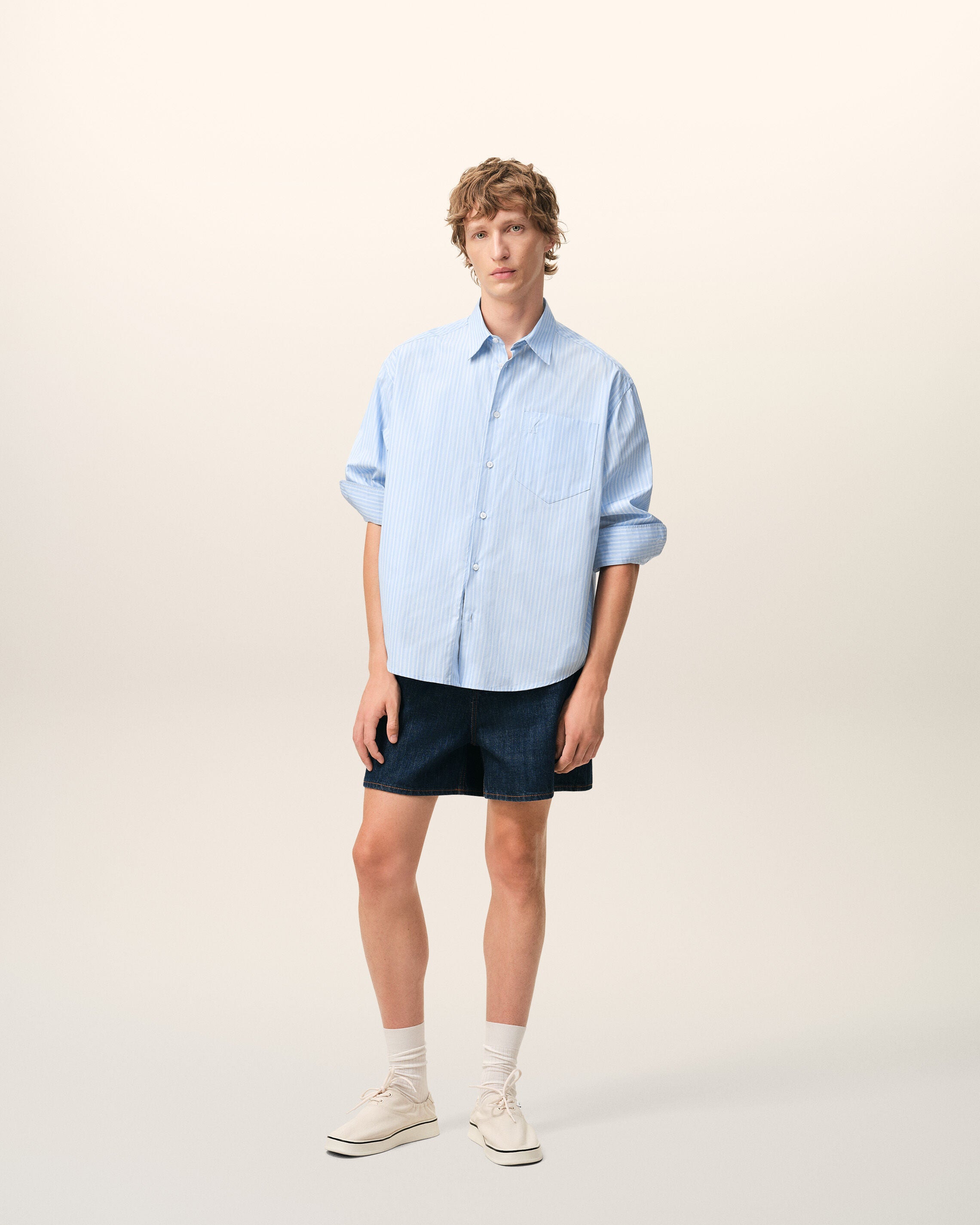 ブルー コットン ボクシー シャツ 長袖 Ami de Coeur カシミアブルー