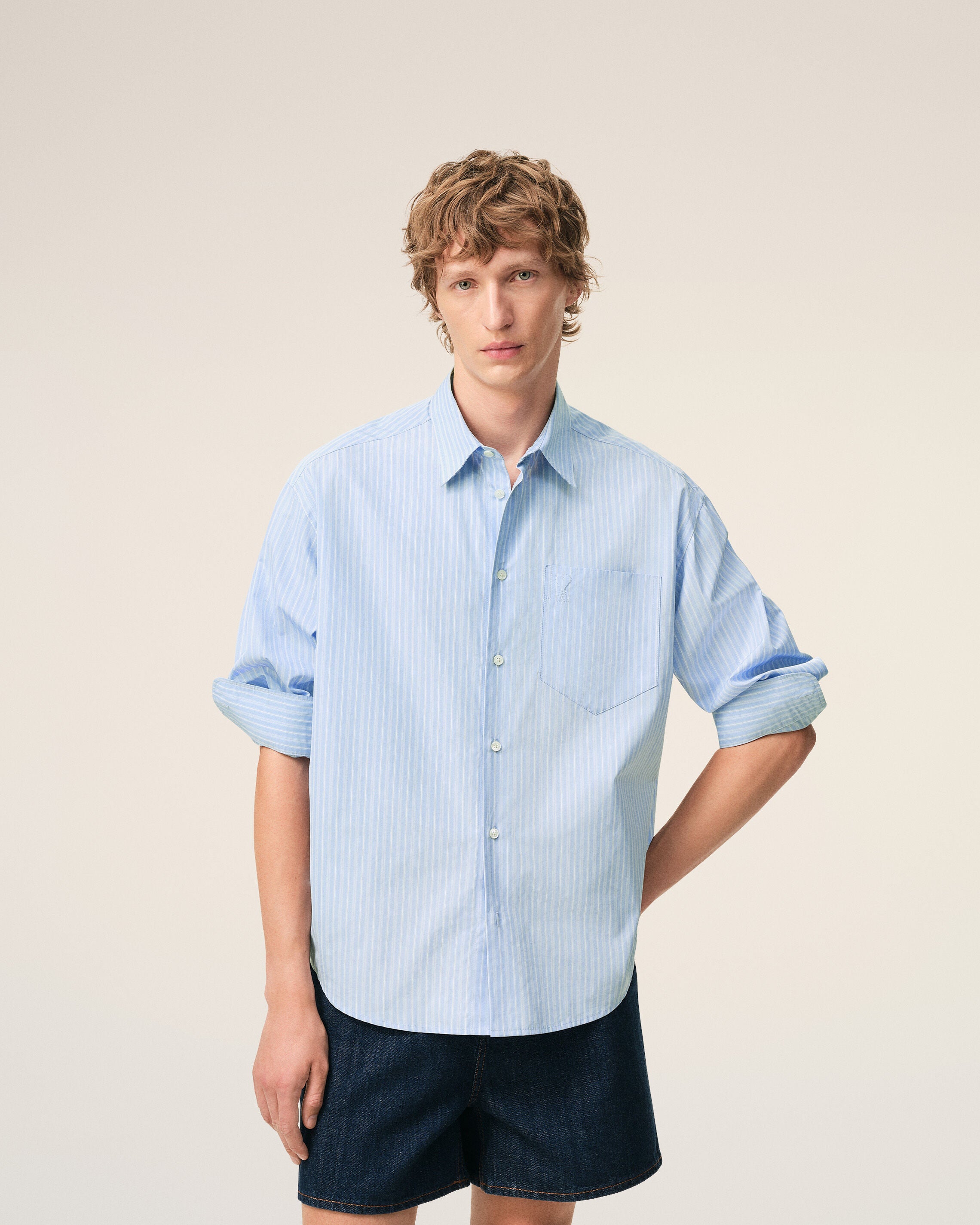 ブルー コットン ボクシー シャツ 長袖 Ami de Coeur カシミアブルー