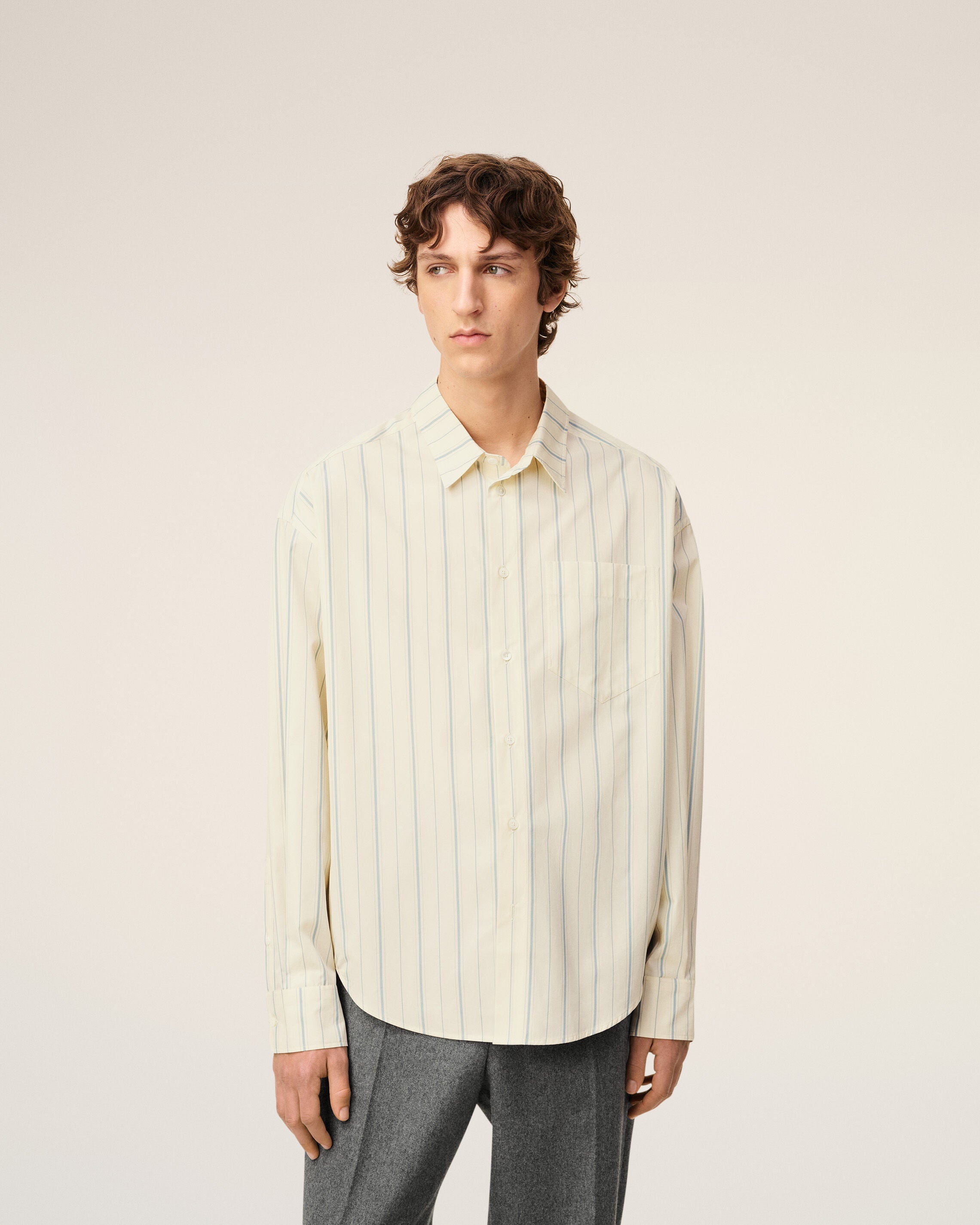 1872-IVORY/SKY Beige Cotton Ami de Coeur Boxy Fit Striped Shirt