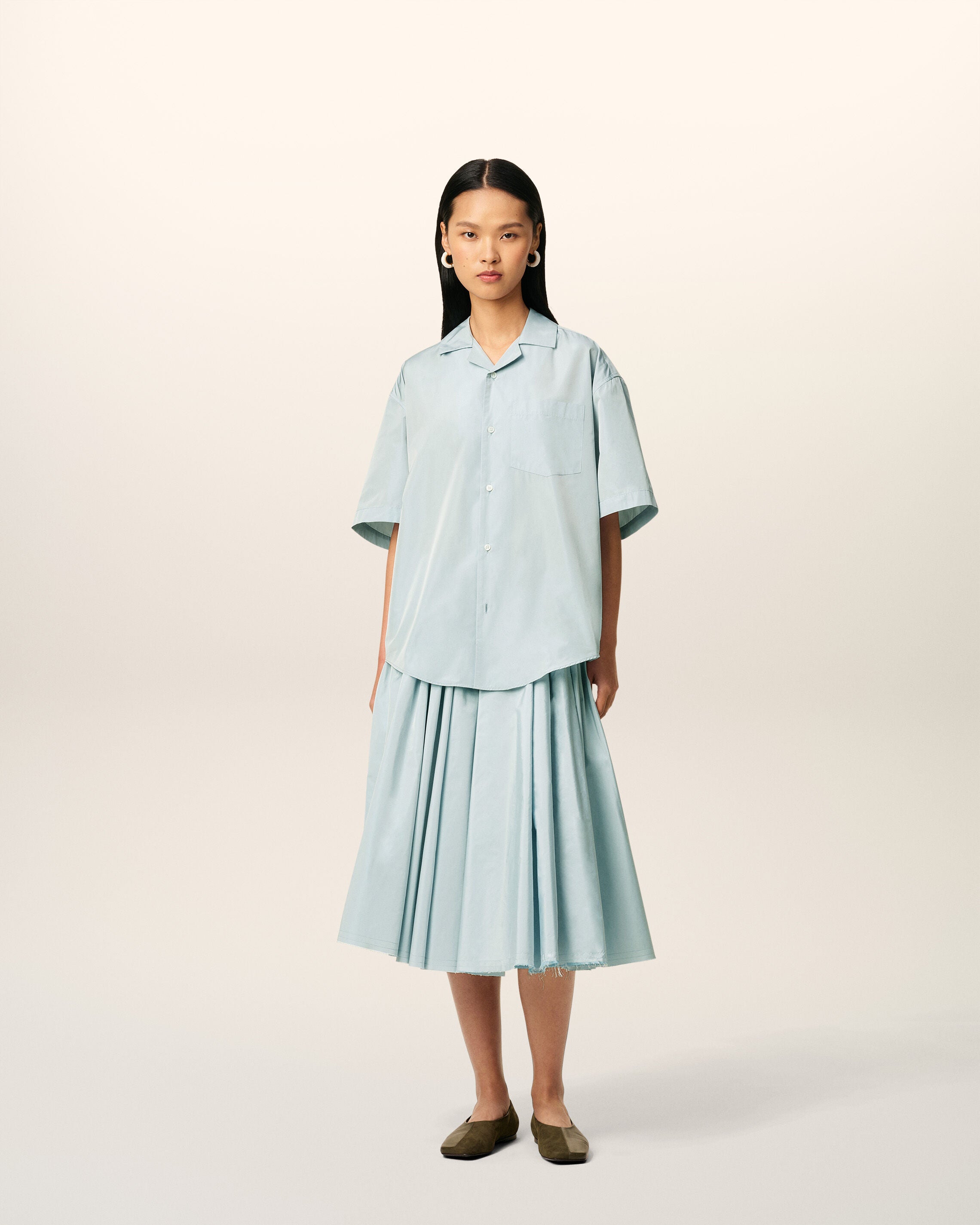 Blue Taffetas Short Sleeved Boxy Shirt - 8
