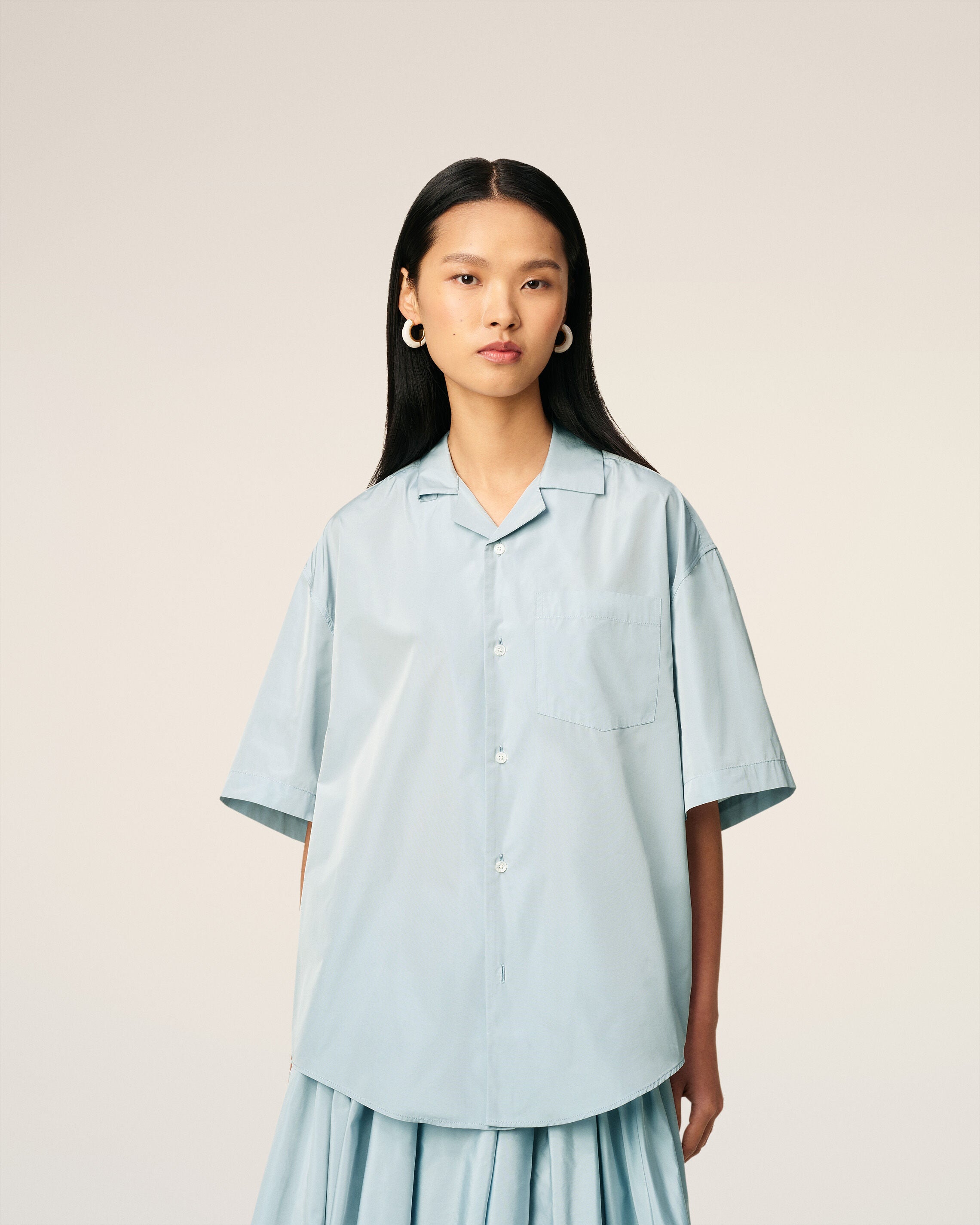 Blue Taffetas Short Sleeved Boxy Shirt - 9

