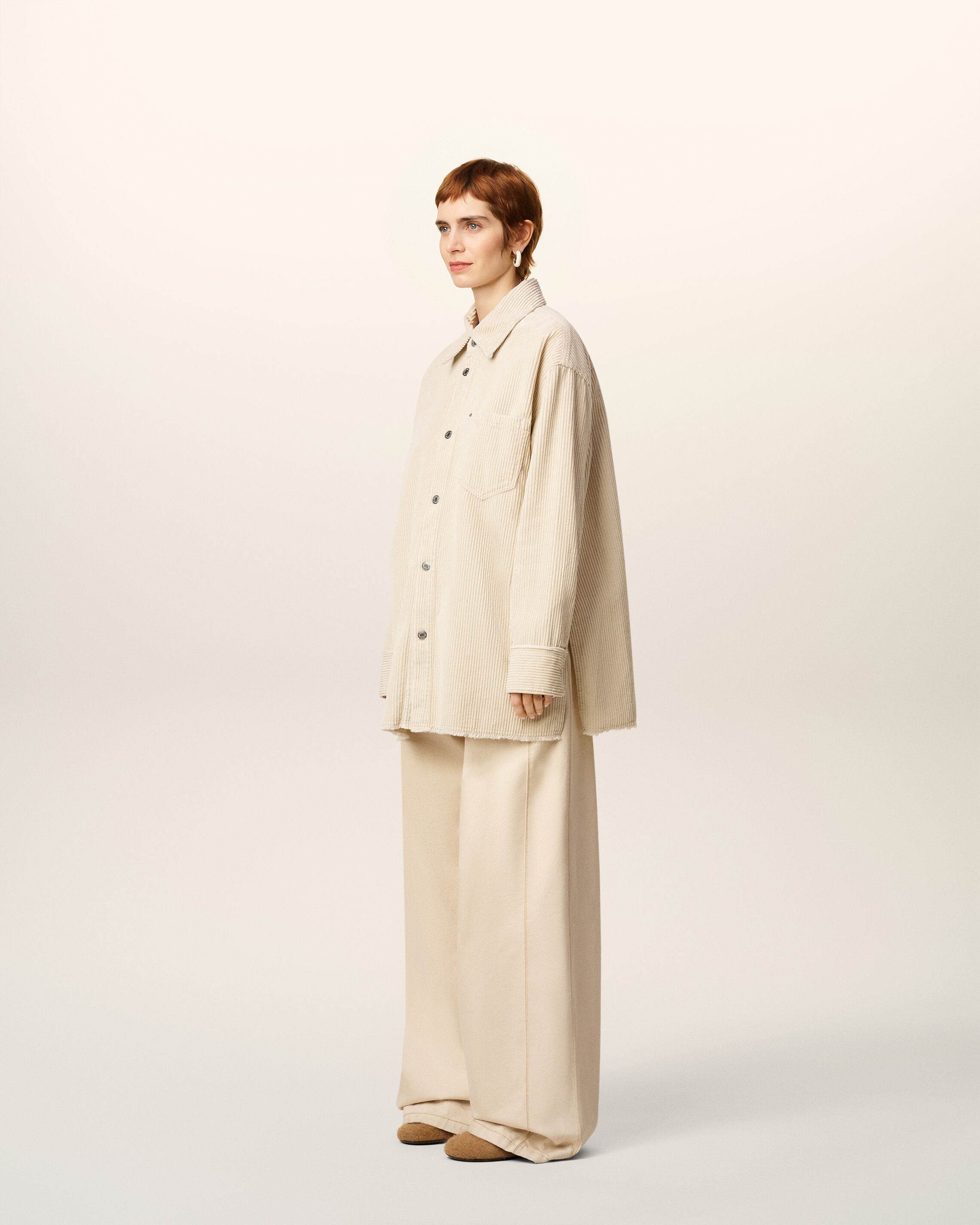 White Cotton Corduroy Side Slit Overshirt - 12
