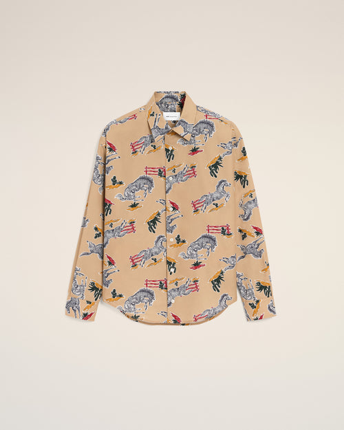 Chemise Marron Boxy Imprimé Chevaux en Coton - 1 - Ami Paris